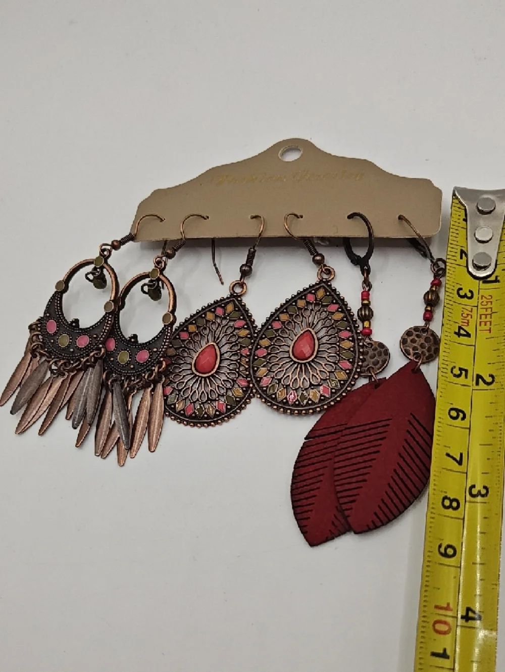 Boho Metal Teardrop and Feather Earrings Set Red and Copper‎ 3 Pair